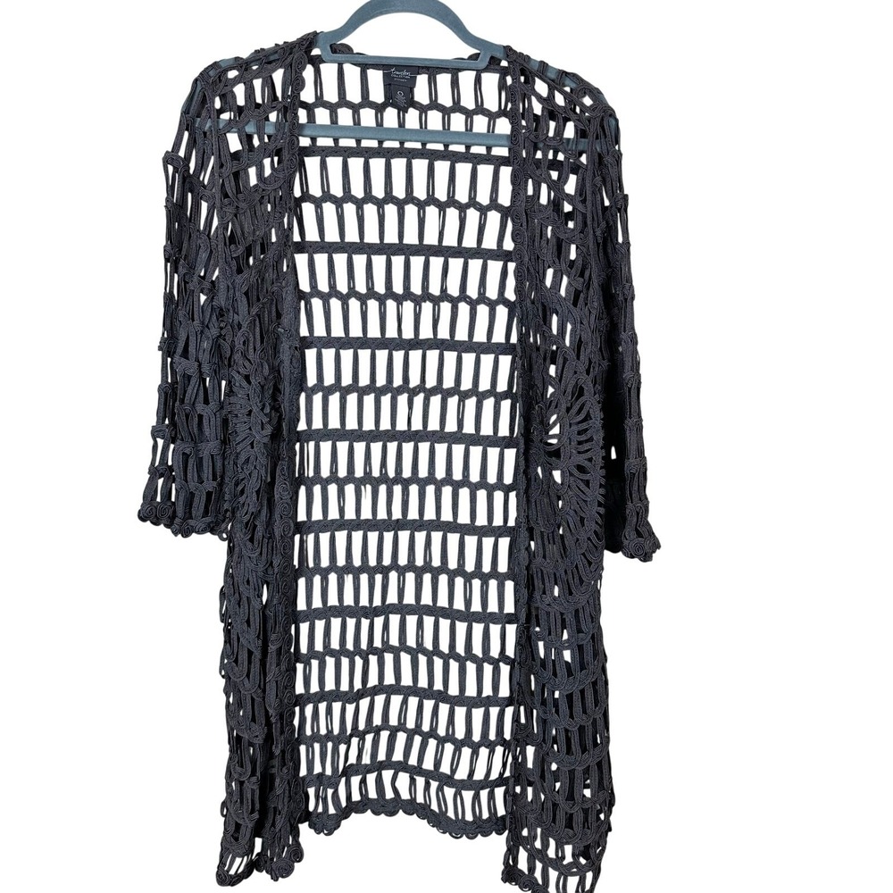 Chico's Travelers Charcoal Plum Crochet Open Front Cardigan Longline Rayon - Picture 3 of 10